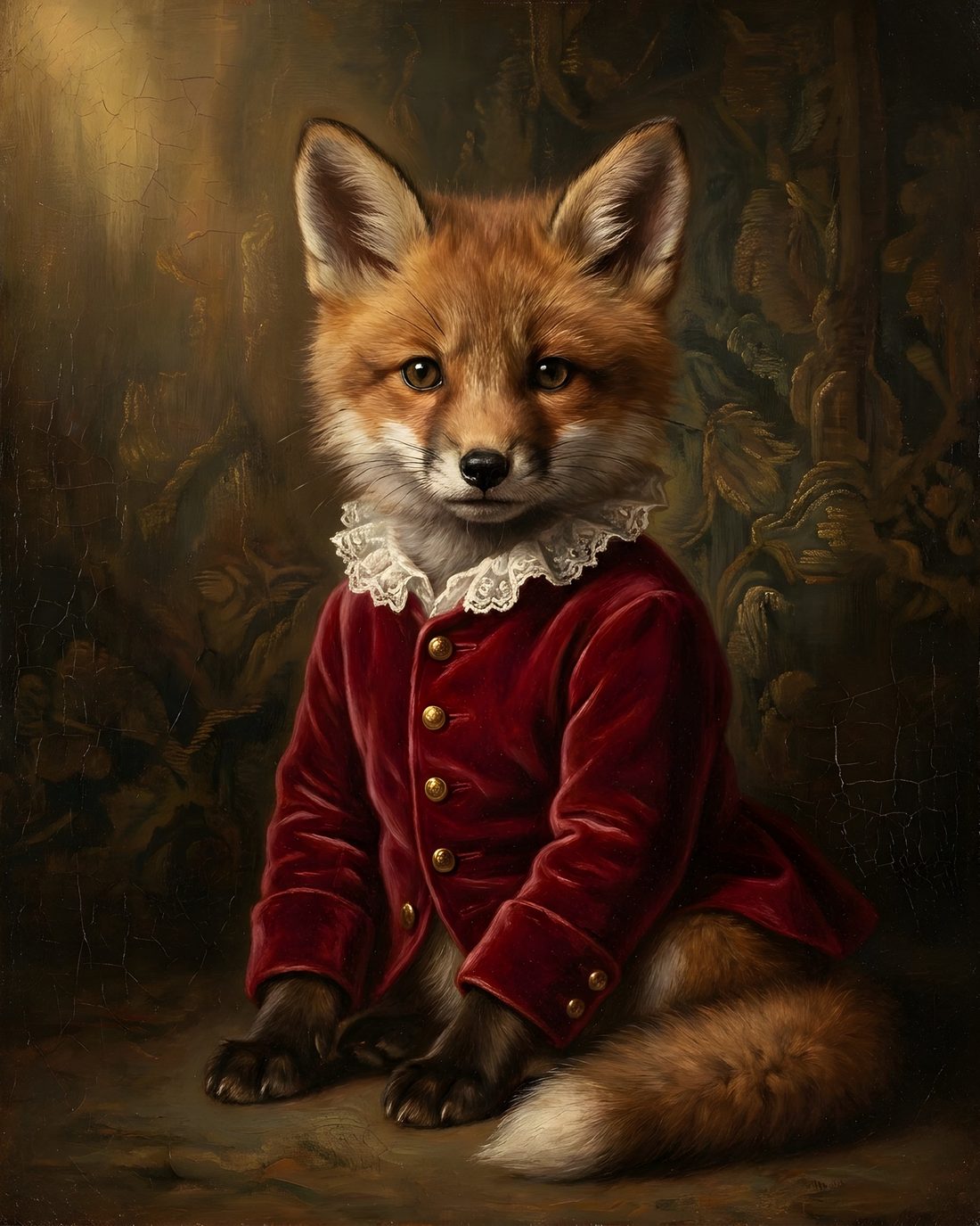 Oil portrait of a fox cub in a red velvet coat, dressed for the nursery wall